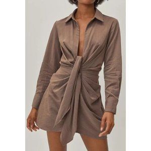 Nasty Gal Petite Knot Front V Neck Mini Shirt Dress in Chocolate Sexy Size 10